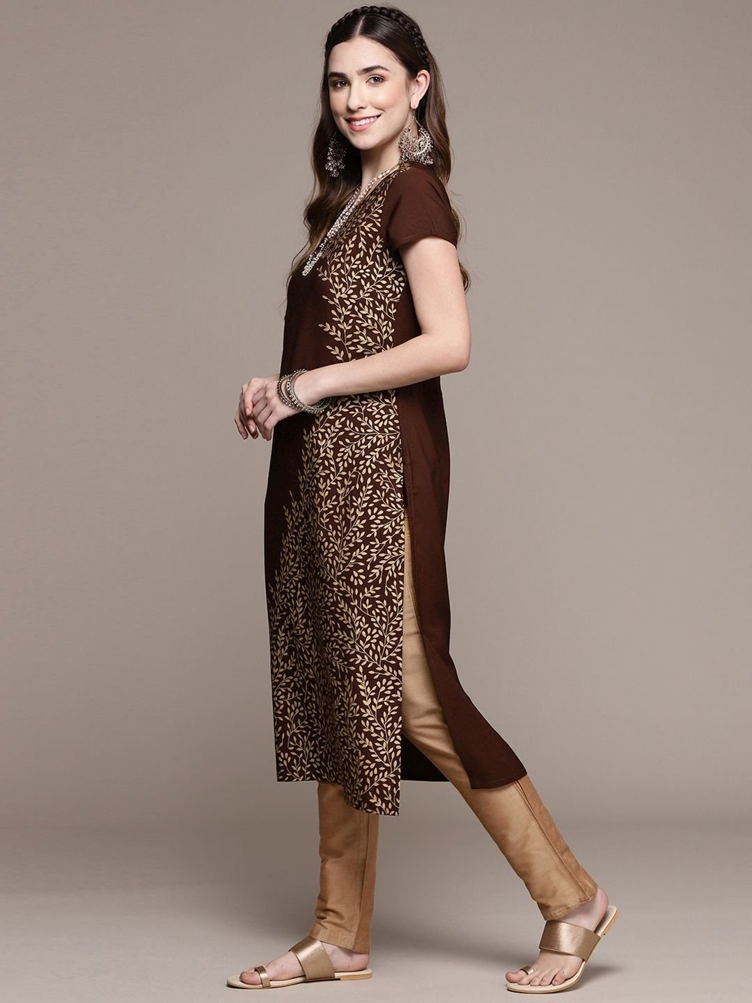Ziyaa Brown Printed Straight Kurta