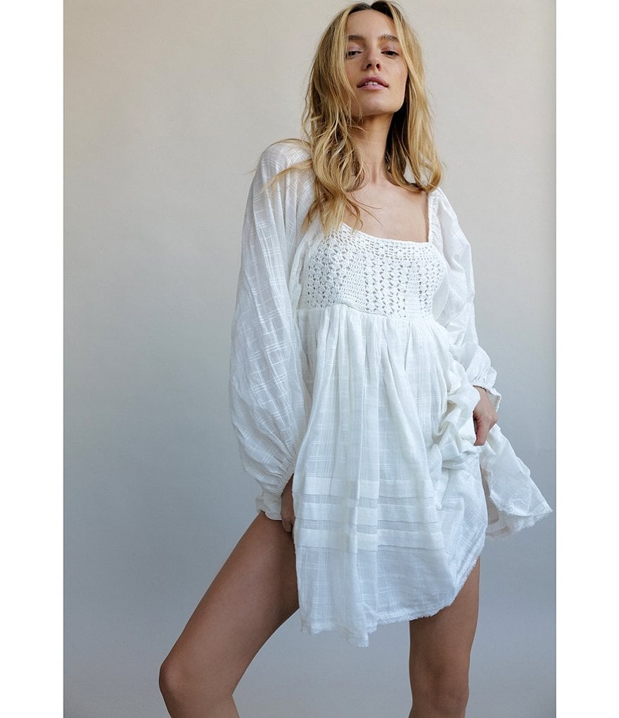 Free People Ari Crochet Details Square Neck Puffed Long Sleeve Mini Swing Dress