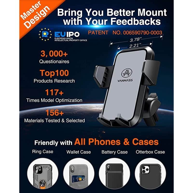 Car Phone Mount, Universal Cell Phone Holder for Car Dashboard, Windshield, Air Vent with One-Click Release Button, Compatible with iPhone, Samsung, Google, LG, HTC & More Smartphone