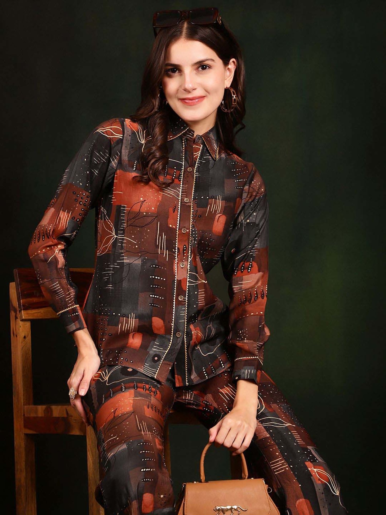 Claura Brown Printed Shirt Pant Set