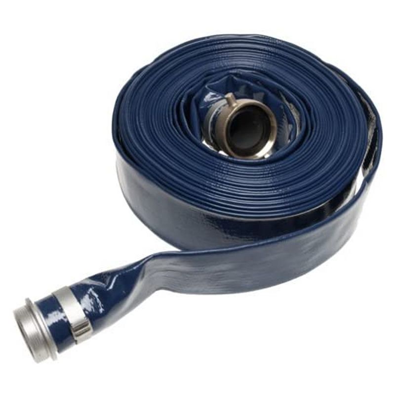 Apache 98138045 2-Inch Diameter 50-Foot Long Reinforced PVC Lay-Flat Discharge Pool Fuel Sump-Pump Hose with Aluminum Short-Shank Connections, Blue