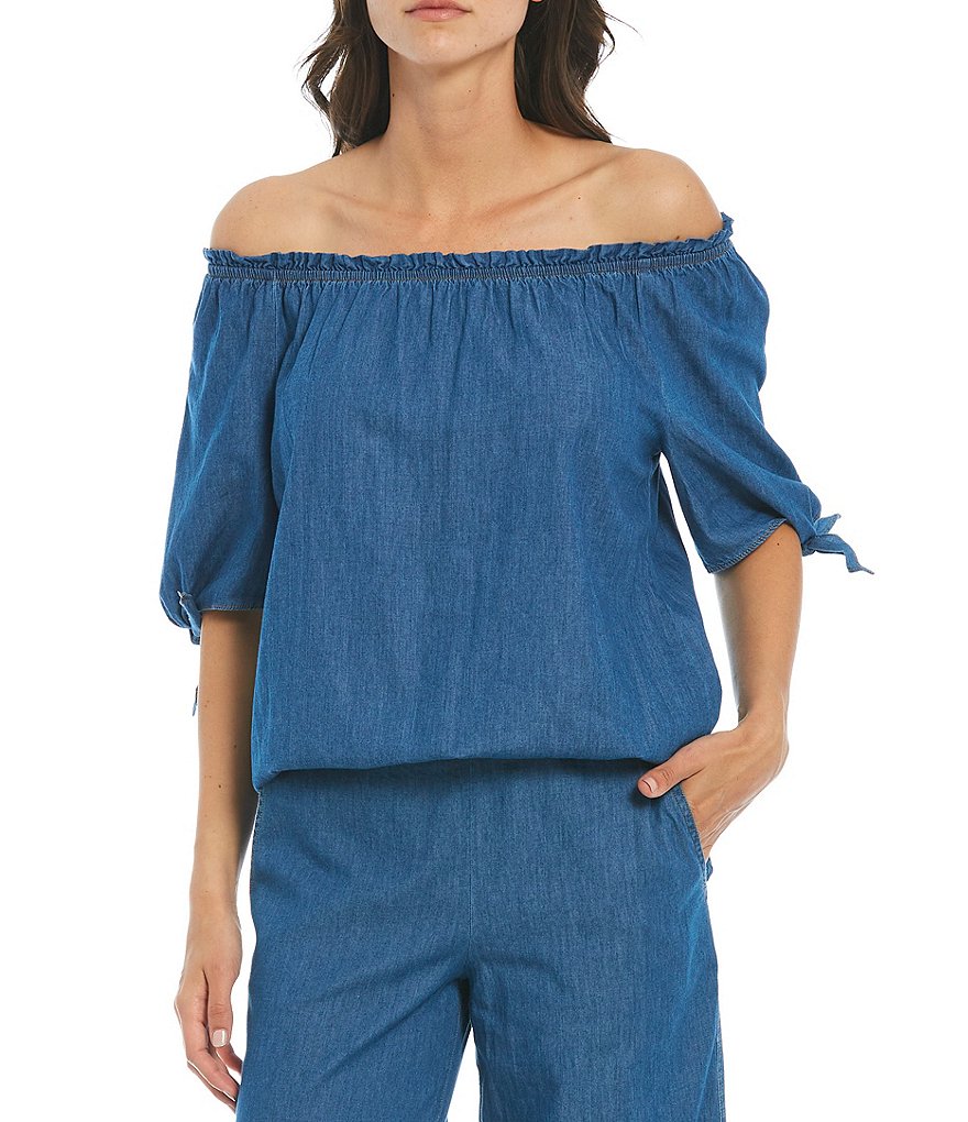 I.N. Studio Denim Short Tie Sleeve Bubble Hem Top