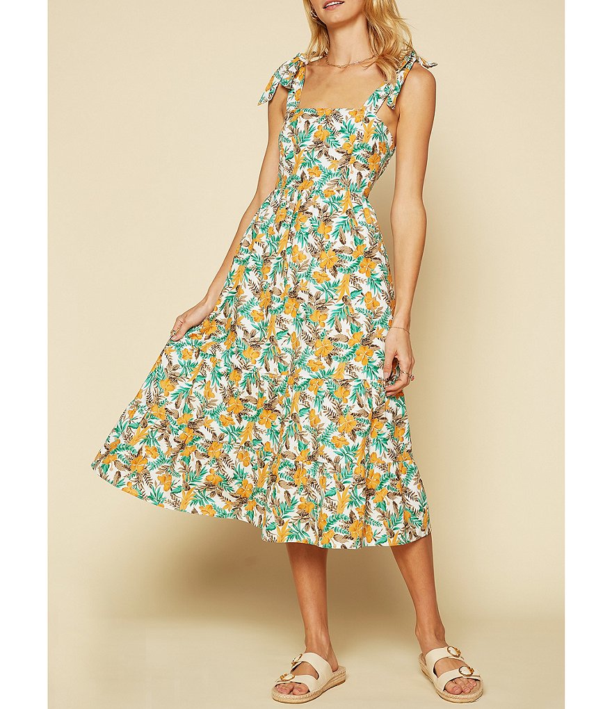 Skies Are Blue Floral Print Tie Shoulder Strap Midi Dress