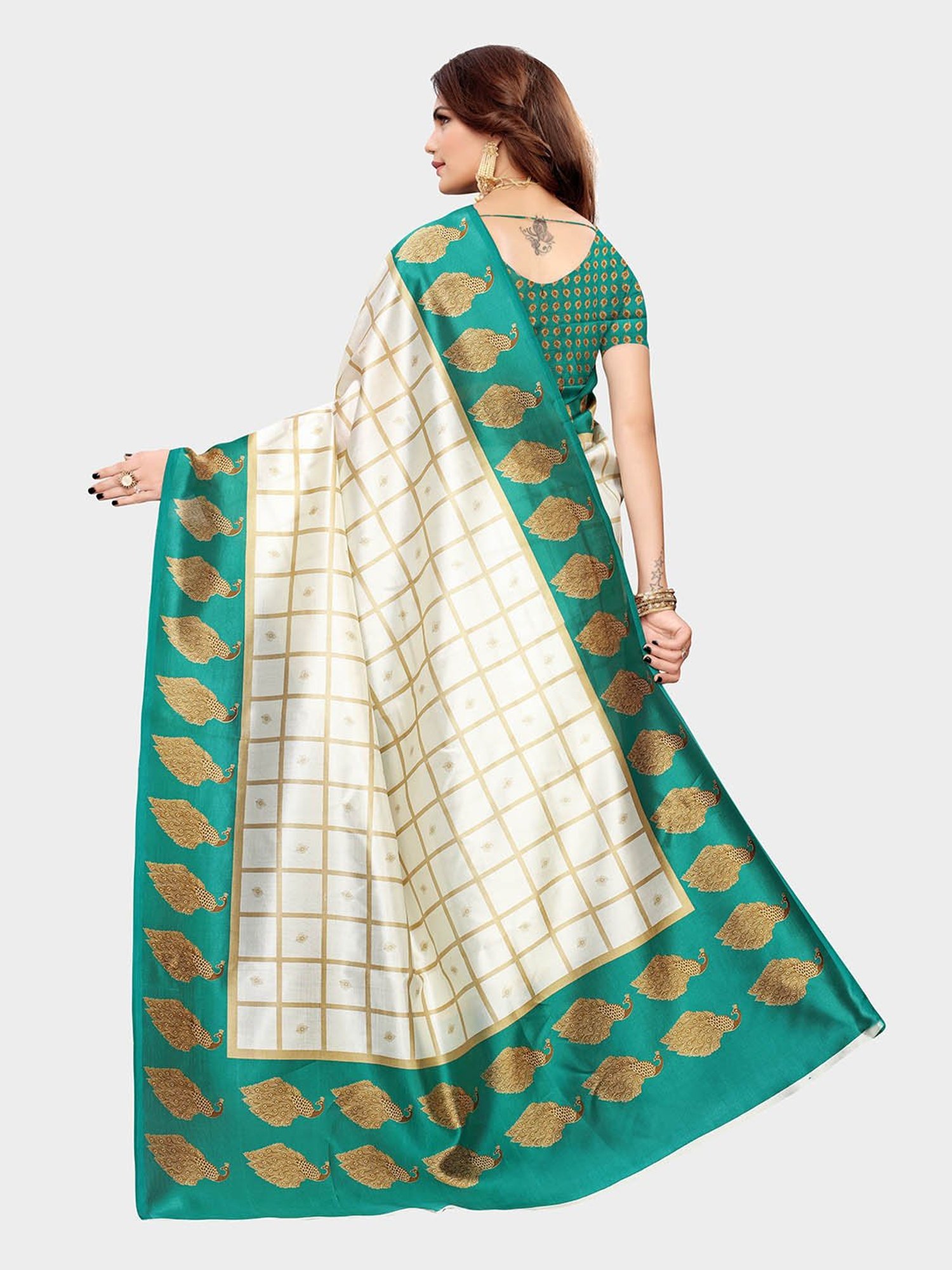 KSUT Ivory & Turquoise Check Saree With Blouse