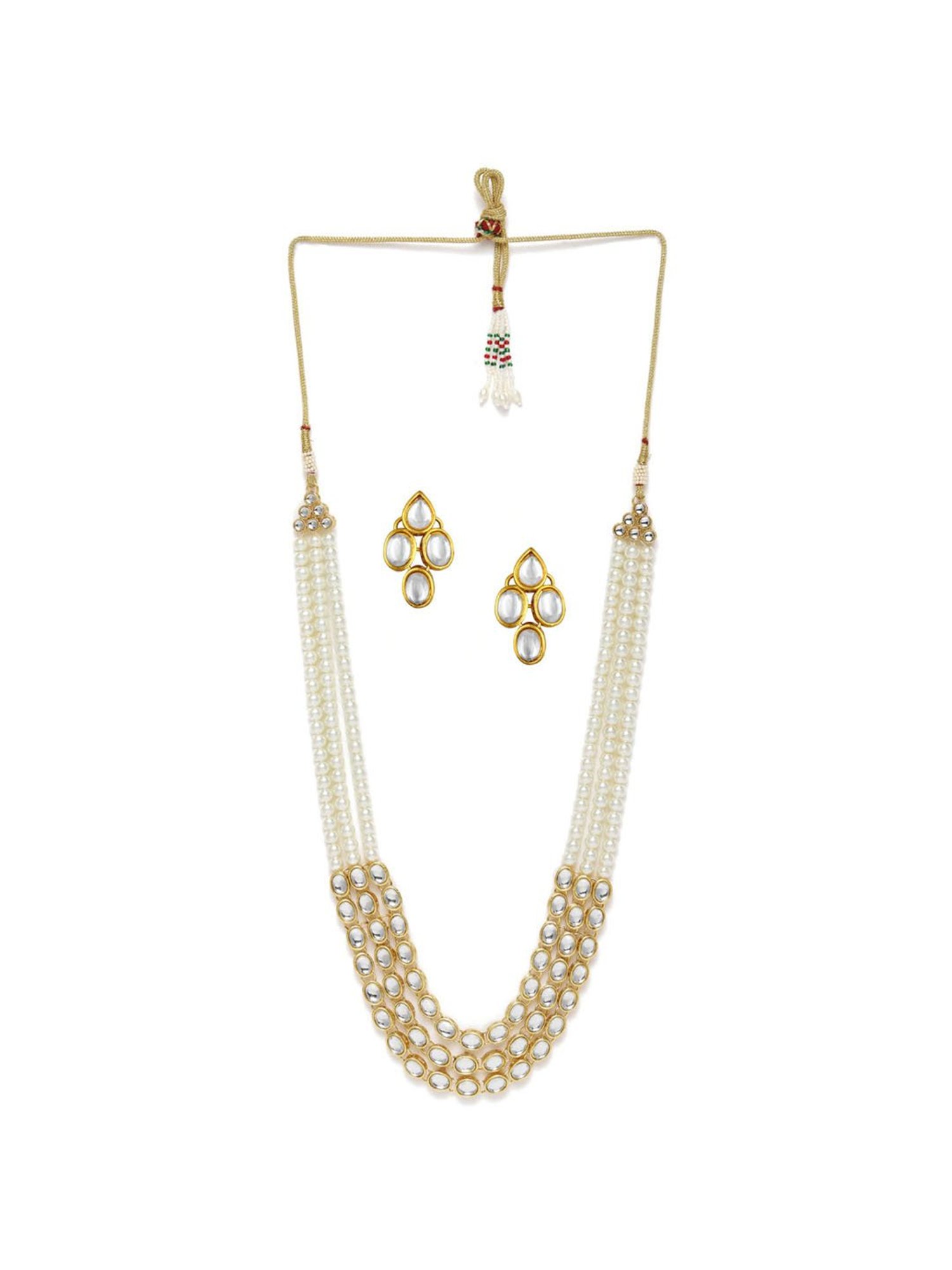 OOMPH White Pearls & Kundan Ethnic Mala Long Necklace Set with Drop Earrings