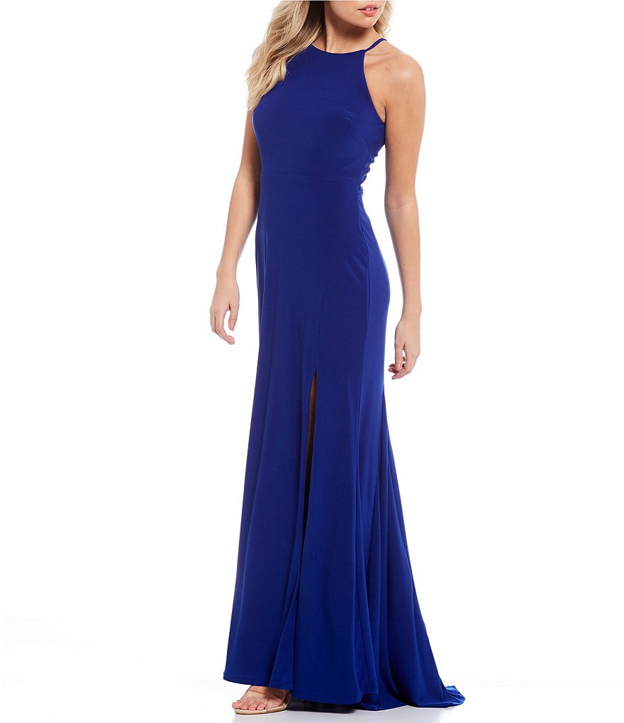 Jump Halter Neck High Side Slit Jersey Long Dress