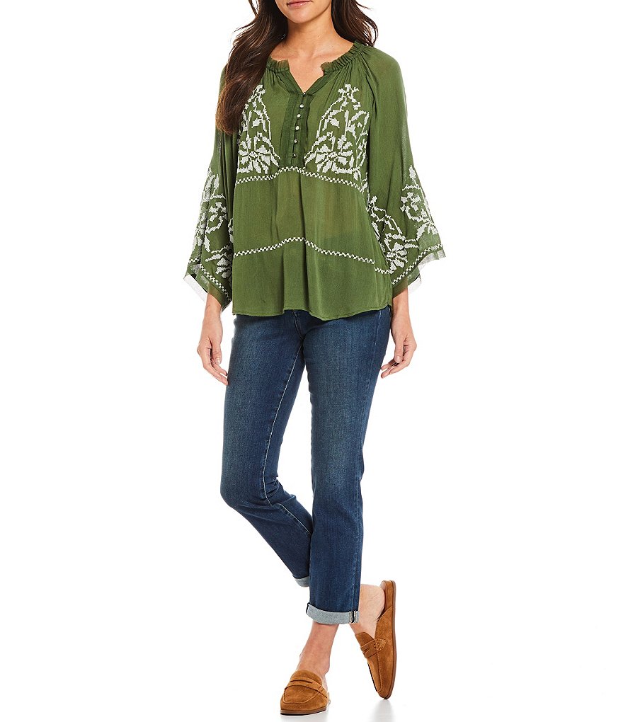 Tru Luxe Jeans 3/4 Sleeve Hi-Low Embroidered Peasant Top