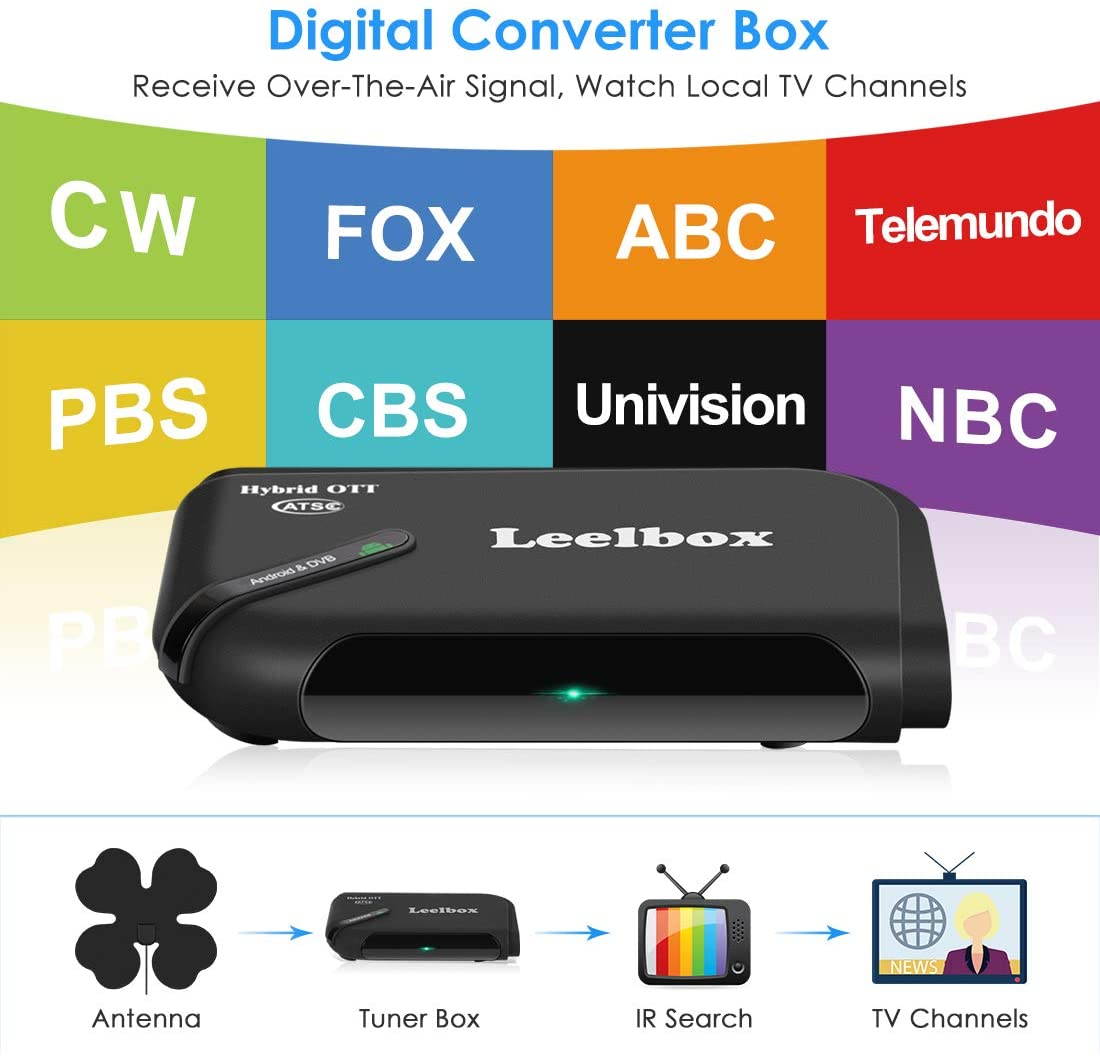 Leelbox Android TV box, 1080P ATSC converter box, recording PVR, USB multimedia playback, web browsing, support for 2.4G WiFi/3D/H.265 video decoding (gold version), black, LBX OTT-ATSC Q5 US