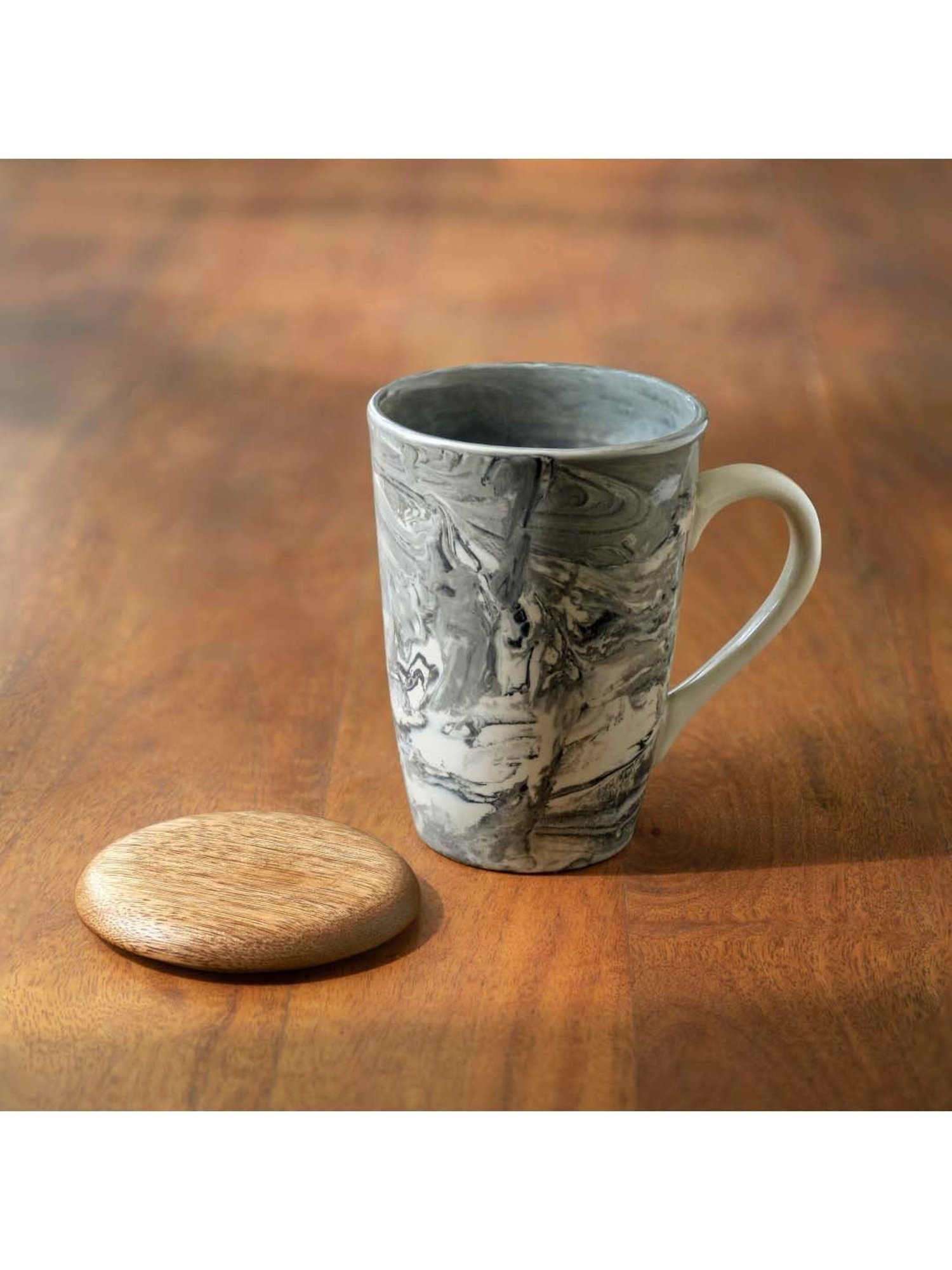 Ellementry Coral Black Ceramic Tall Coffee Mug With Wooden Lid (0.35 L) - Set of 1