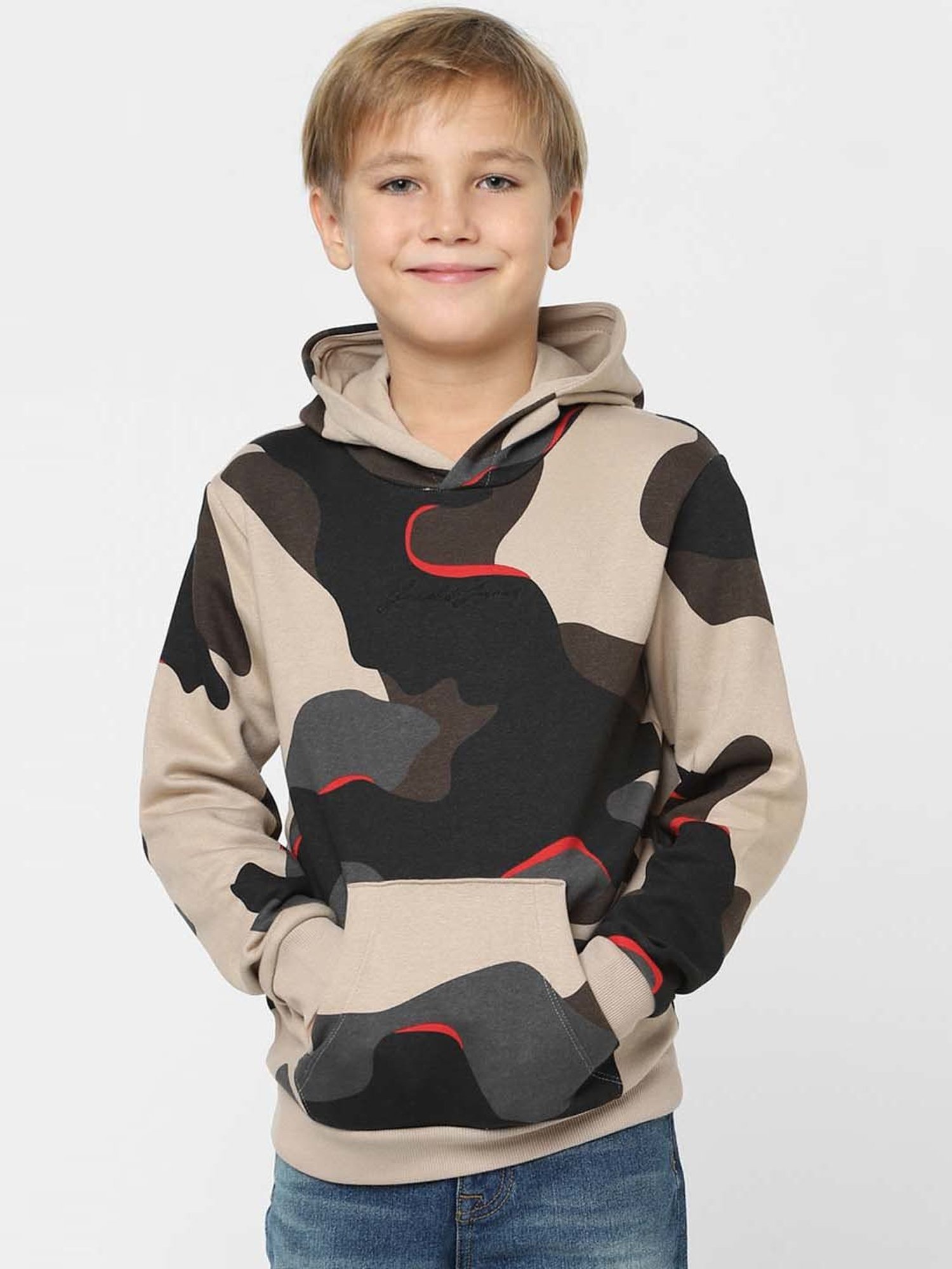 Jack & Jones Junior Beige & Teal Blue Cotton Camouflage Full Sleeves Sweatshirt