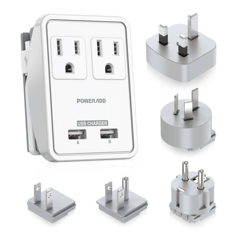 Poweradd Travel Adapter Kit Phone Holder - Dual USB Ports + 2 Outlets, Universal Power Strip for UK, US, Japan,China, Europe, Asia, Cruise Ship Travel, Perfect for Cellphone Laptop Camera and More