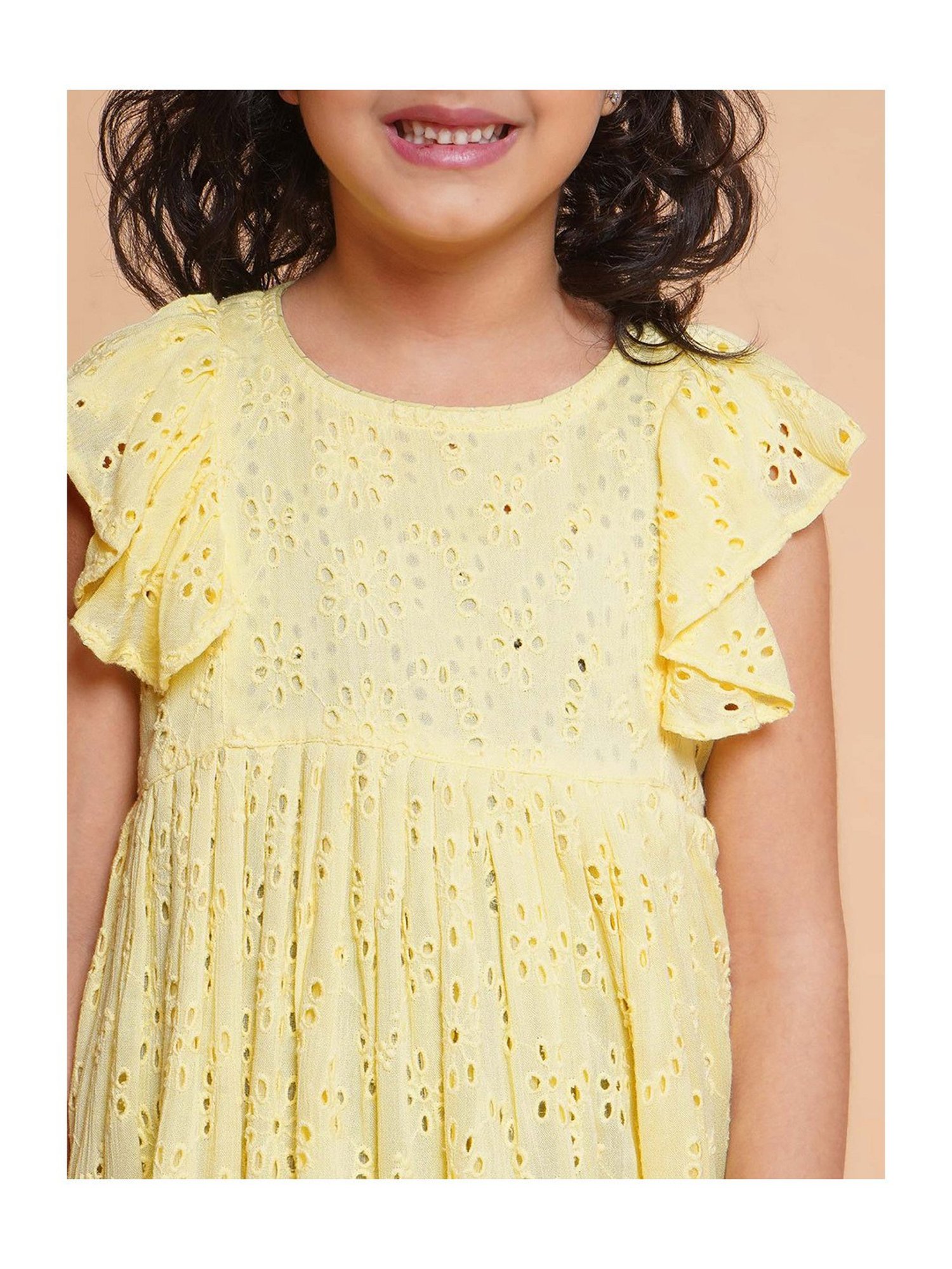 Little Bansi Kids Yellow Self Design Dress