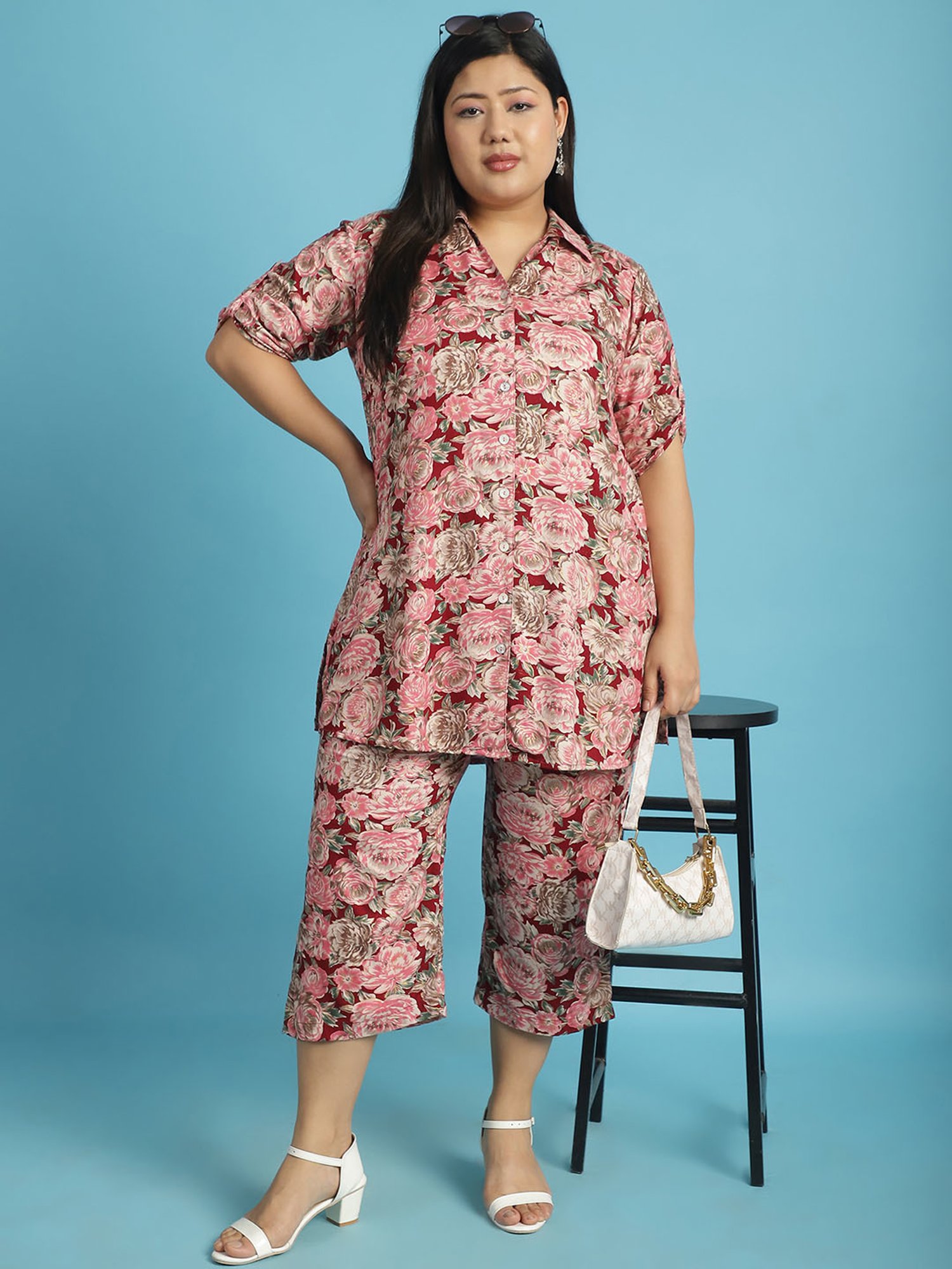 theRebelinme Maroon Floral Print High Rise Capris