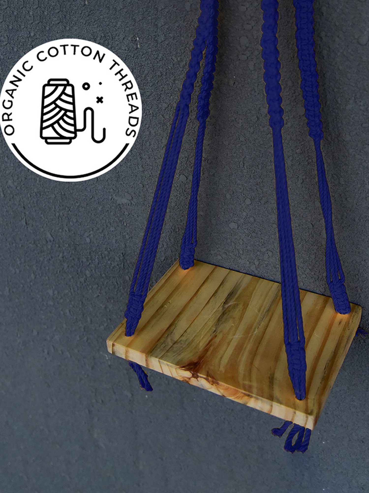 Gathari Macram&iquest; Blue Pine Wood Wall Hanging Shelf