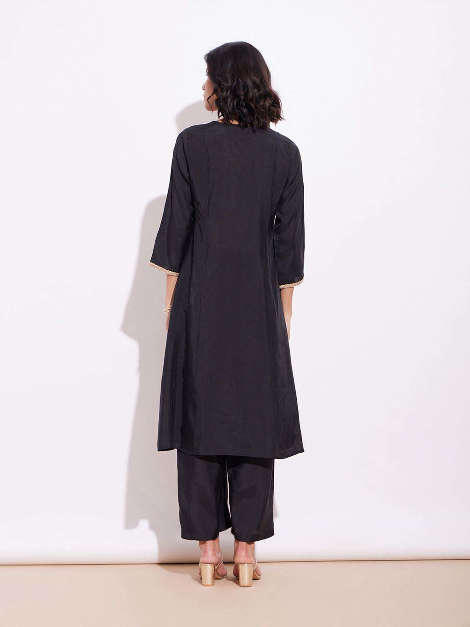 Pink Fort Black Plain Kurta Palazzo Set