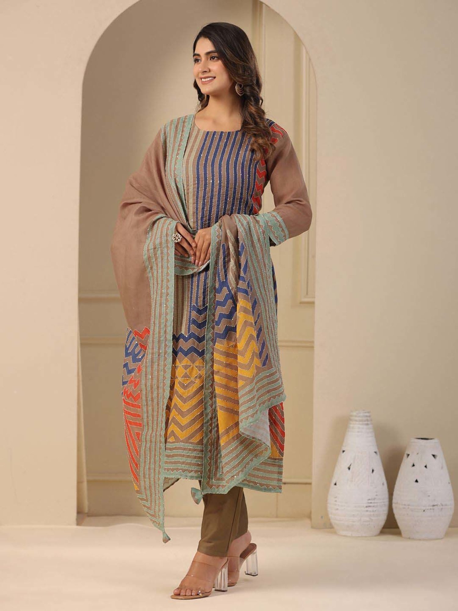 Fashor Brown & Blue Cotton Striped Kurta & Pant Set With Dupatta