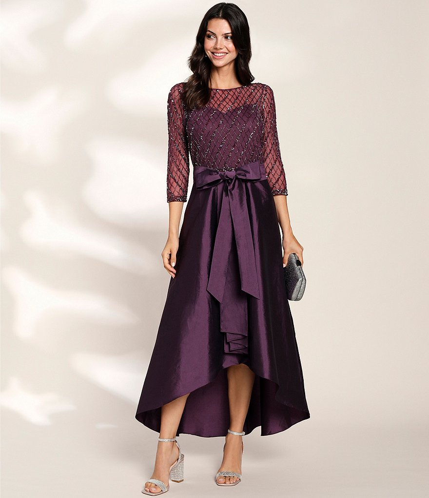 Pisarro Nights Beaded Bodice Hi-Low Boat Neck 3/4 Sleeve Dress