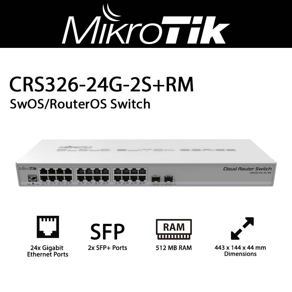MikroTik - CRS326-24G-2S+RM - Cloud Router Switch 326-24G-2S+RM with 800MHz CPU, 512MB RAM, 24x Gigabit LAN, 2x SFP+