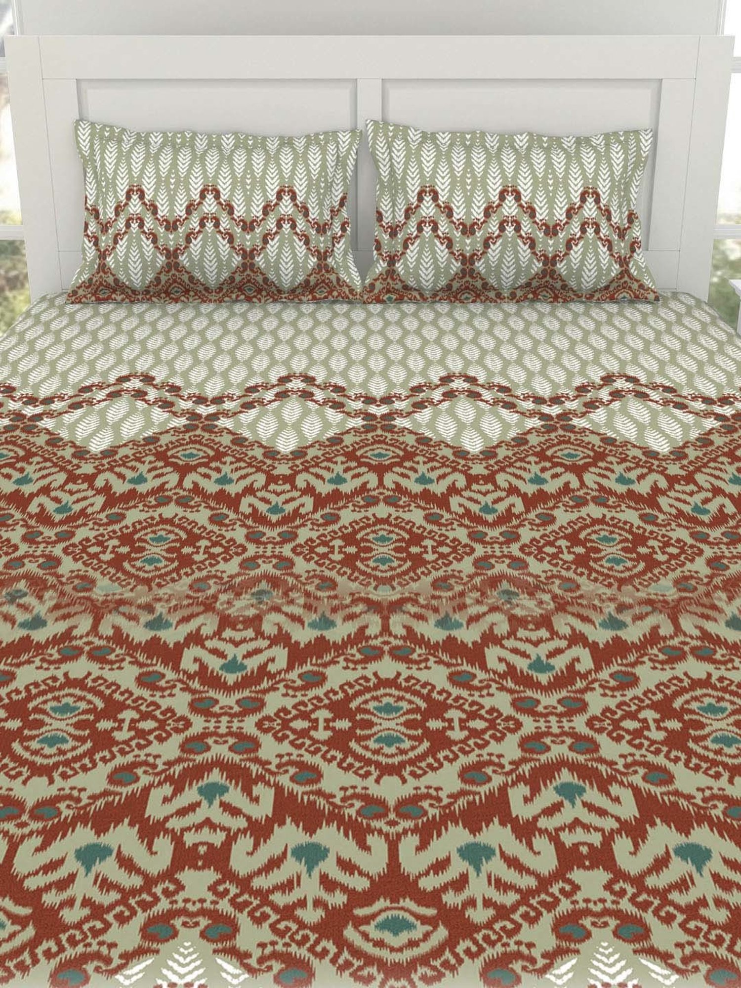 Spaces Ikkat Chevron Orange 144 TC Cotton King Bedsheet with 2 Pillow Covers