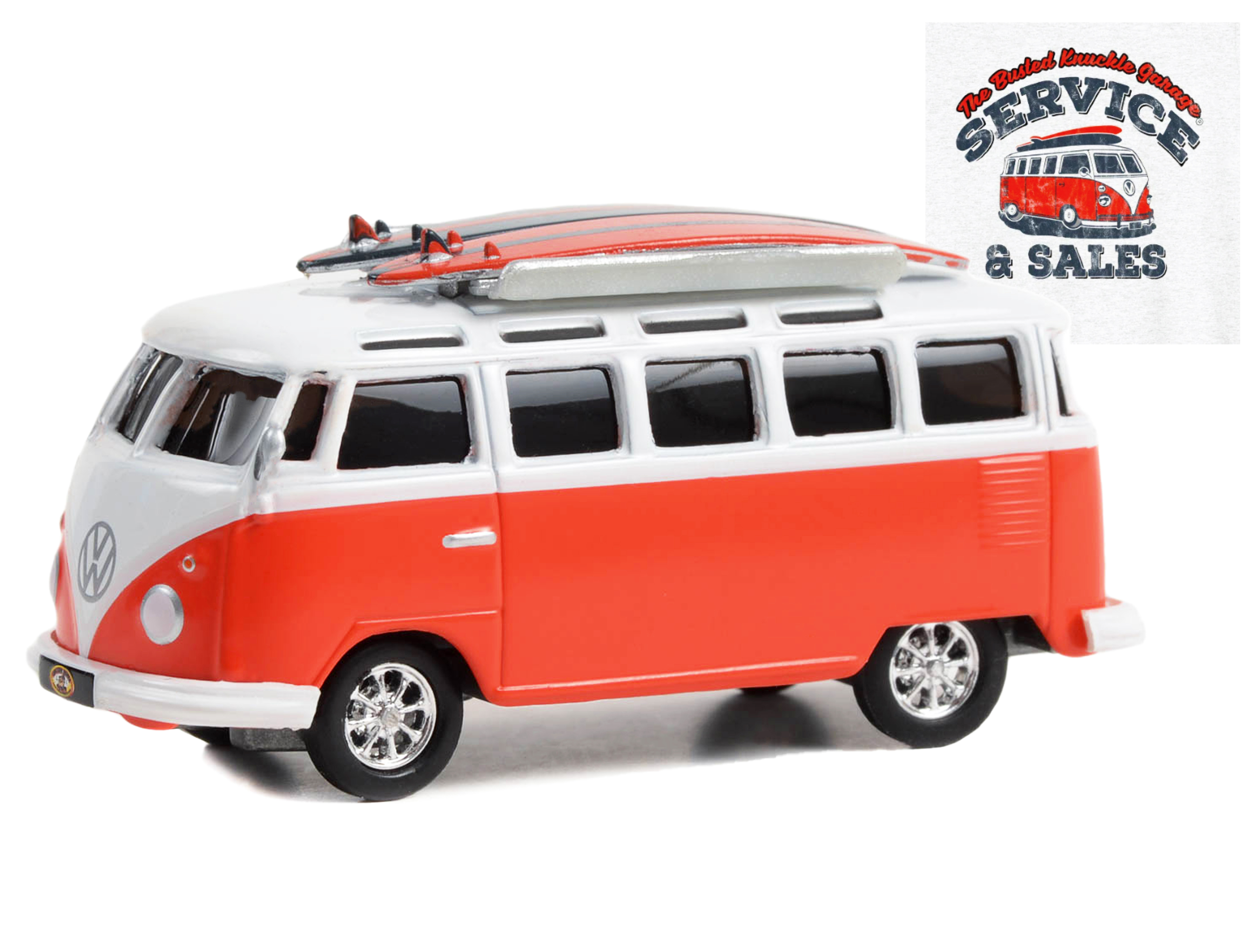 1964 Volkswagen Samba Bus Orange and White with Surfboards "The Busted Knuckle Garage Service & Sales" "Busted Knuckle Garage" Series 2 1/64 Diecast Model Car by Greenlight