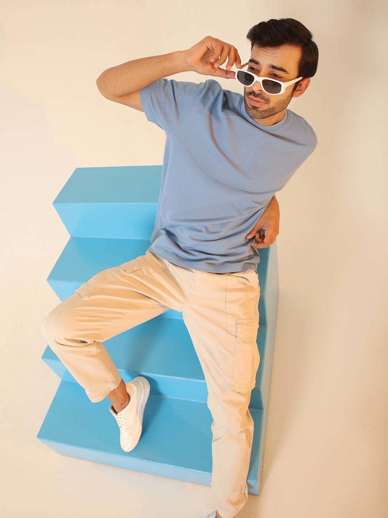 SUBTRACT Frost Blue Regular Fit Cotton Oversized Crew T-Shirt