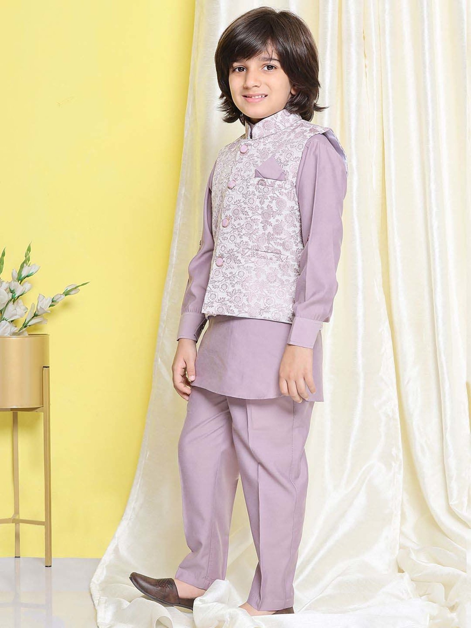 AJ Dezines Kids Purple Embroidered Full Sleeves Kurta Set