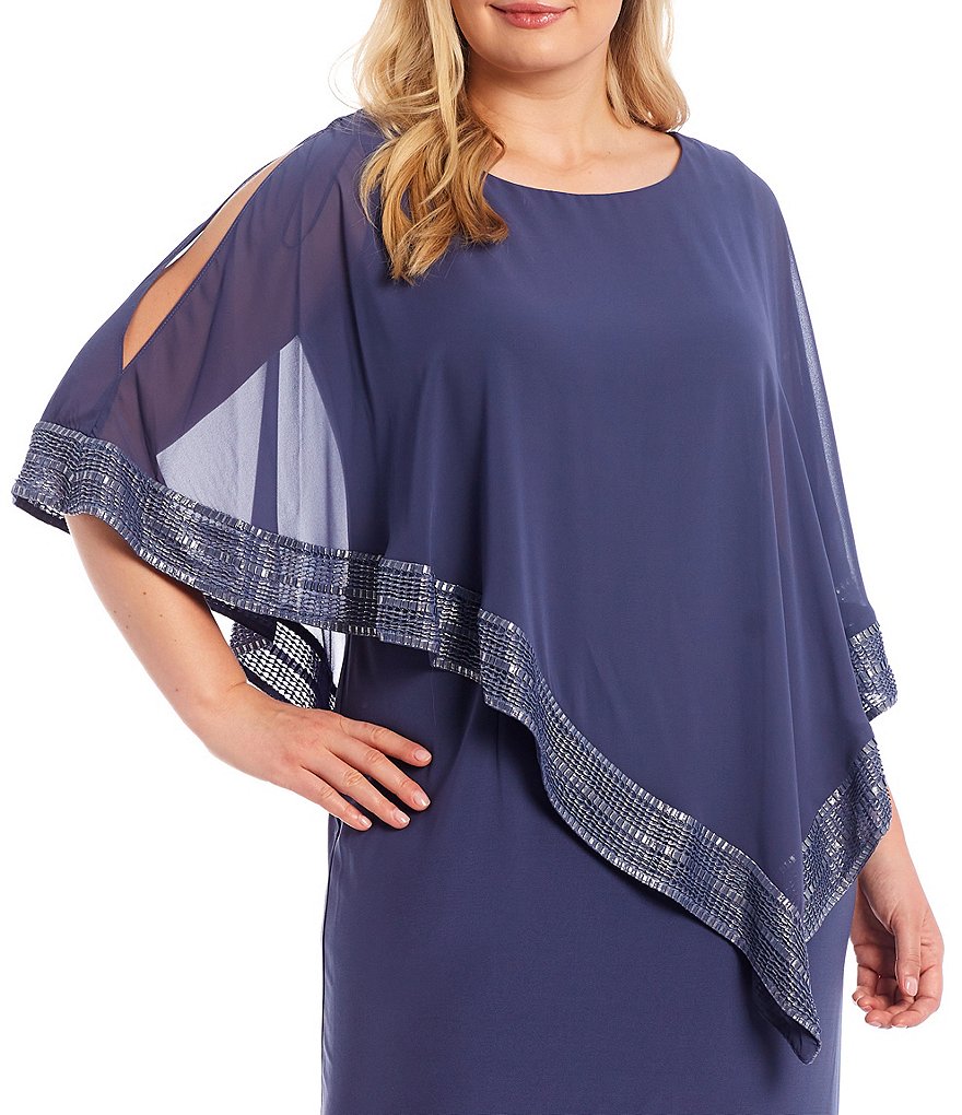Ignite Evenings Plus Foil Trim Scoop Neck 3/4 Sleeve Popover Dress