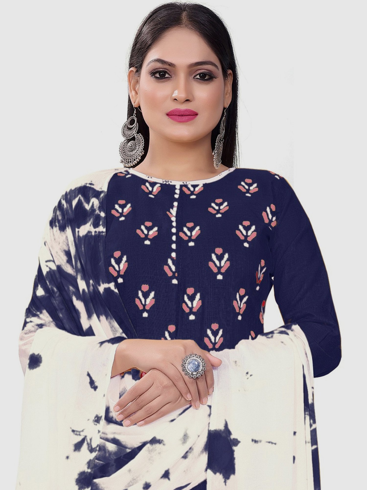 APNISHA Navy & White Cotton Printed Unstitched Dress Material