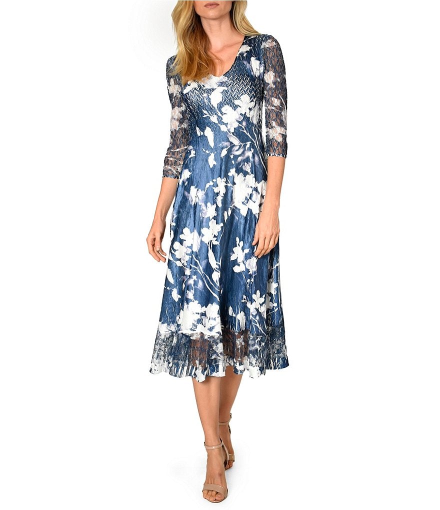 Komarov V-Neck 3/4 Sleeve Midnight Vine Floral Charmeuse Midi Dress