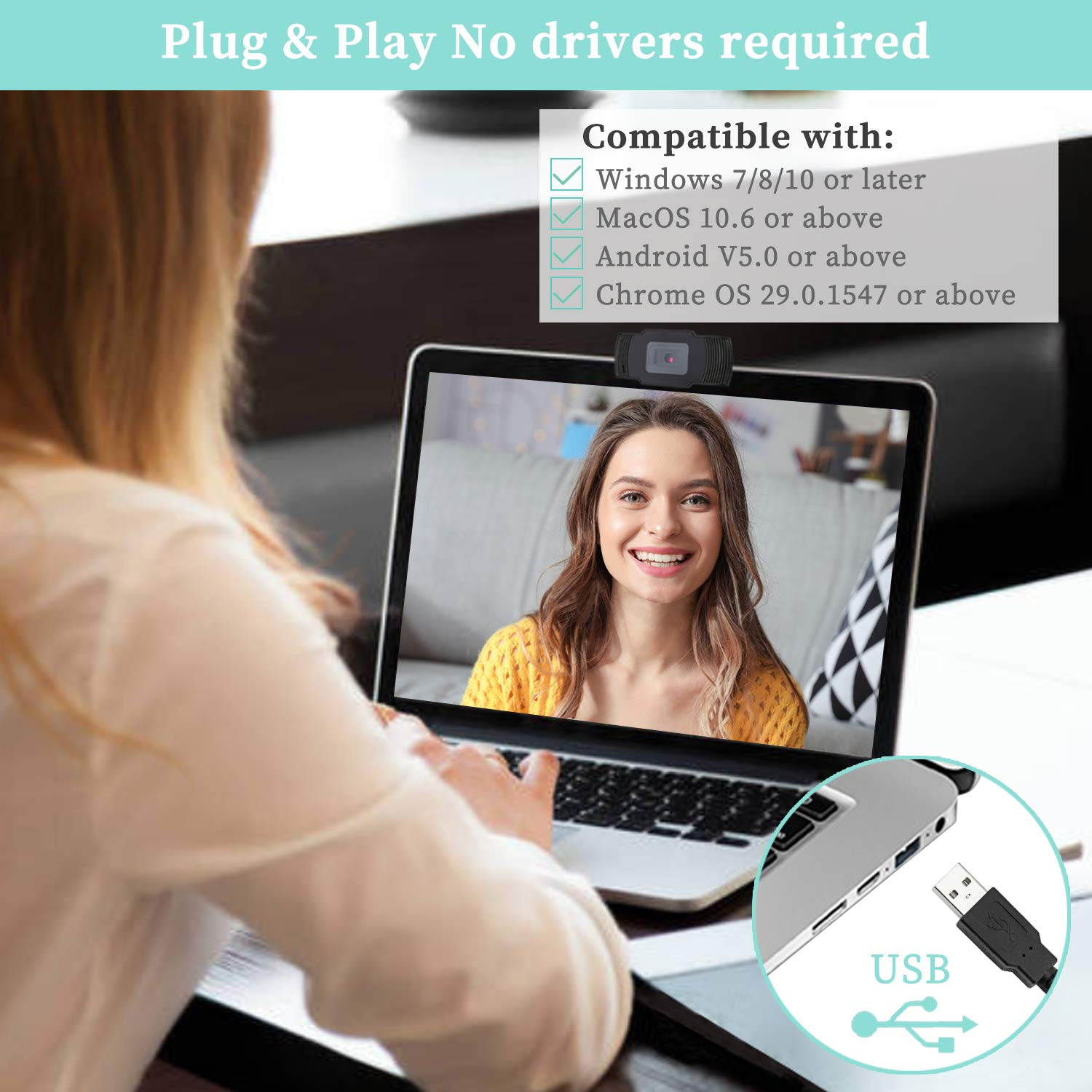 Webcam with Microphone 1080p HD,Auto Focus Plug & Play USB Webcam with Built-in Noise Reduction Microphone,Rotatable Laptop Computer Camera Web Cam for Video Calling Recording Conferencing