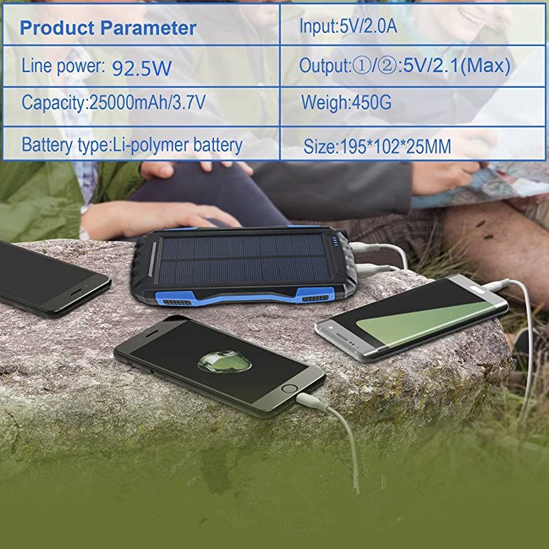 Solar Charger, 25000mAh Portable Solar Power Bank Waterproof External Battery Powerd Pack Dual 2.1A USB Port,Solar Phone Chargers with Flashlight for iphone,android,cell phone,Electronic Devices