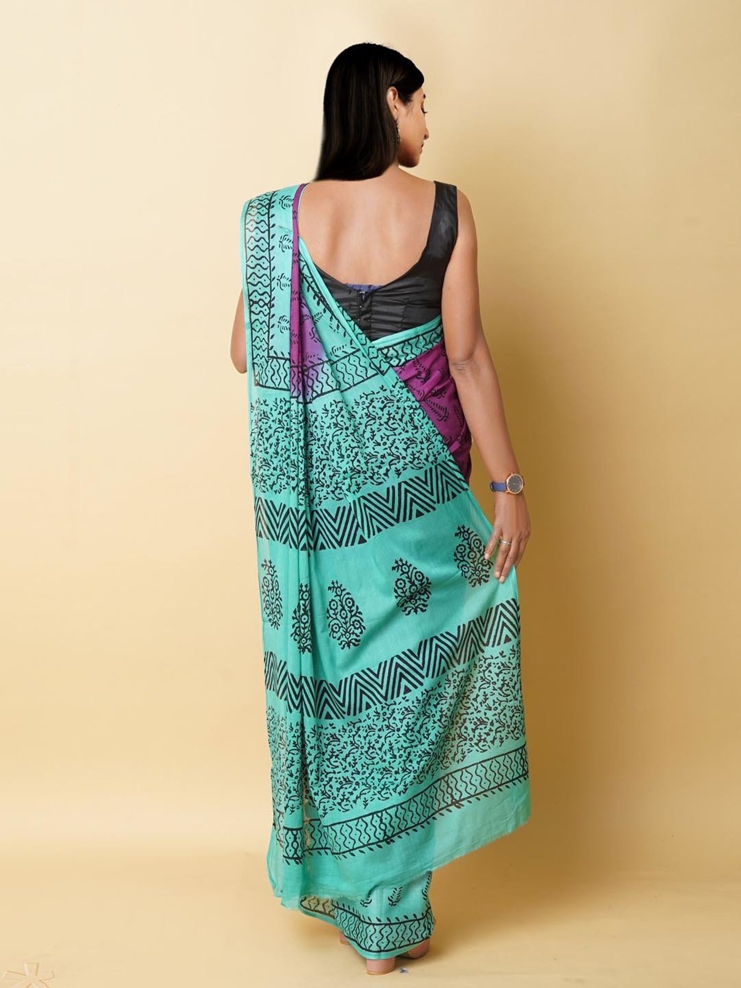 Unnati Silks Purple & Green Cotton Printed Saree With Unstitched Blouse