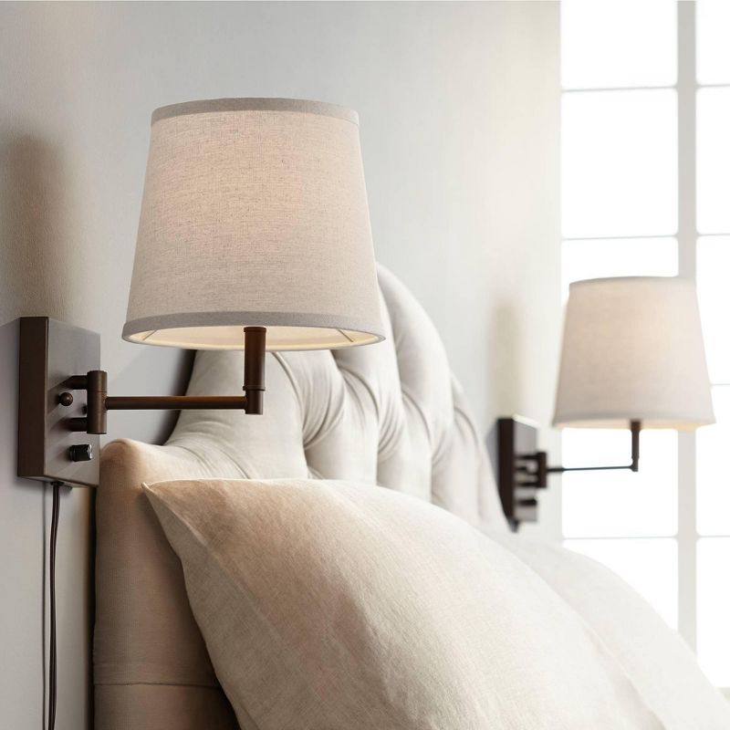 Barnes and Ivy Modern Swing Arm Wall Lamp Antique Brass Plug-In Light Fixture Taupe Fabric Bell Shade Bedroom Living Room Reading