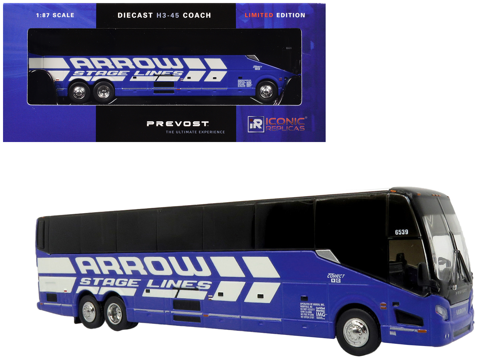 Prevost H3-45 Coach Bus "Arrow Stage Lines" Blue with White Graphics Limited Edition 1/87 (HO) Diecast Model by Iconic Replicas