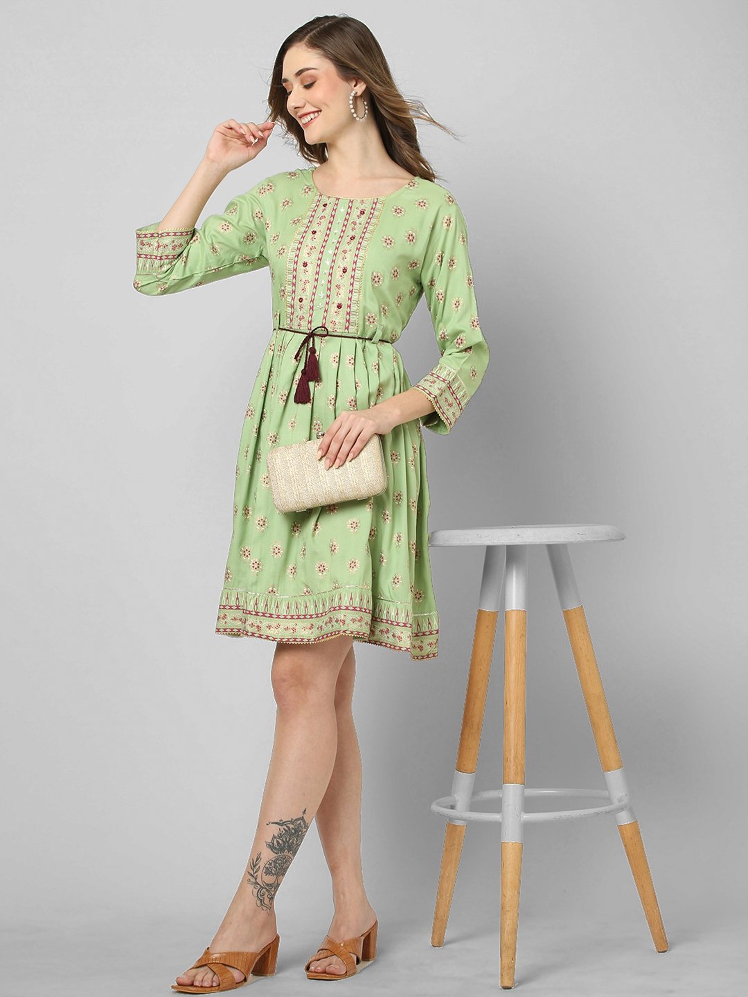 KIANA Green Printed A-Line Dress