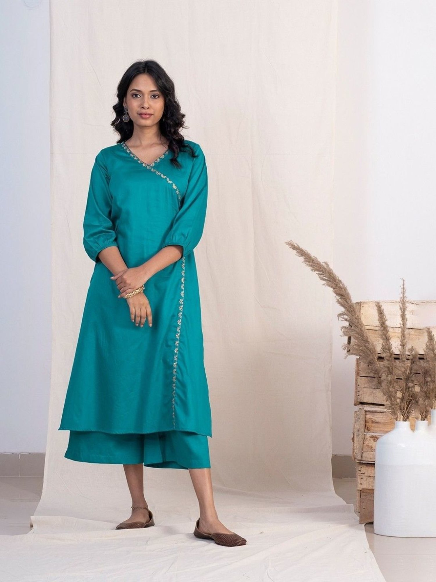 Akiso Jashn Blue Angrakha Embroidery Kurta Set With Plazzo And Green Dupatta