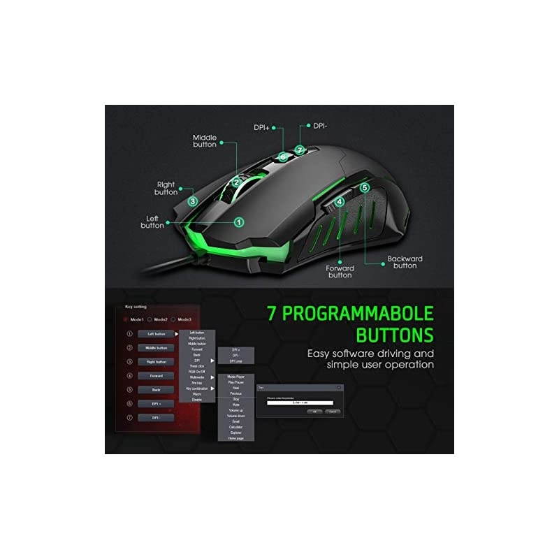 Gaming Mouse Wired 7200 DPI Programmable Breathing Light Ergonomic USB Computer Mice RGB Laptop PC Gaming Mouse 7 Buttons for Windows 7810XP Vista Linux Grey