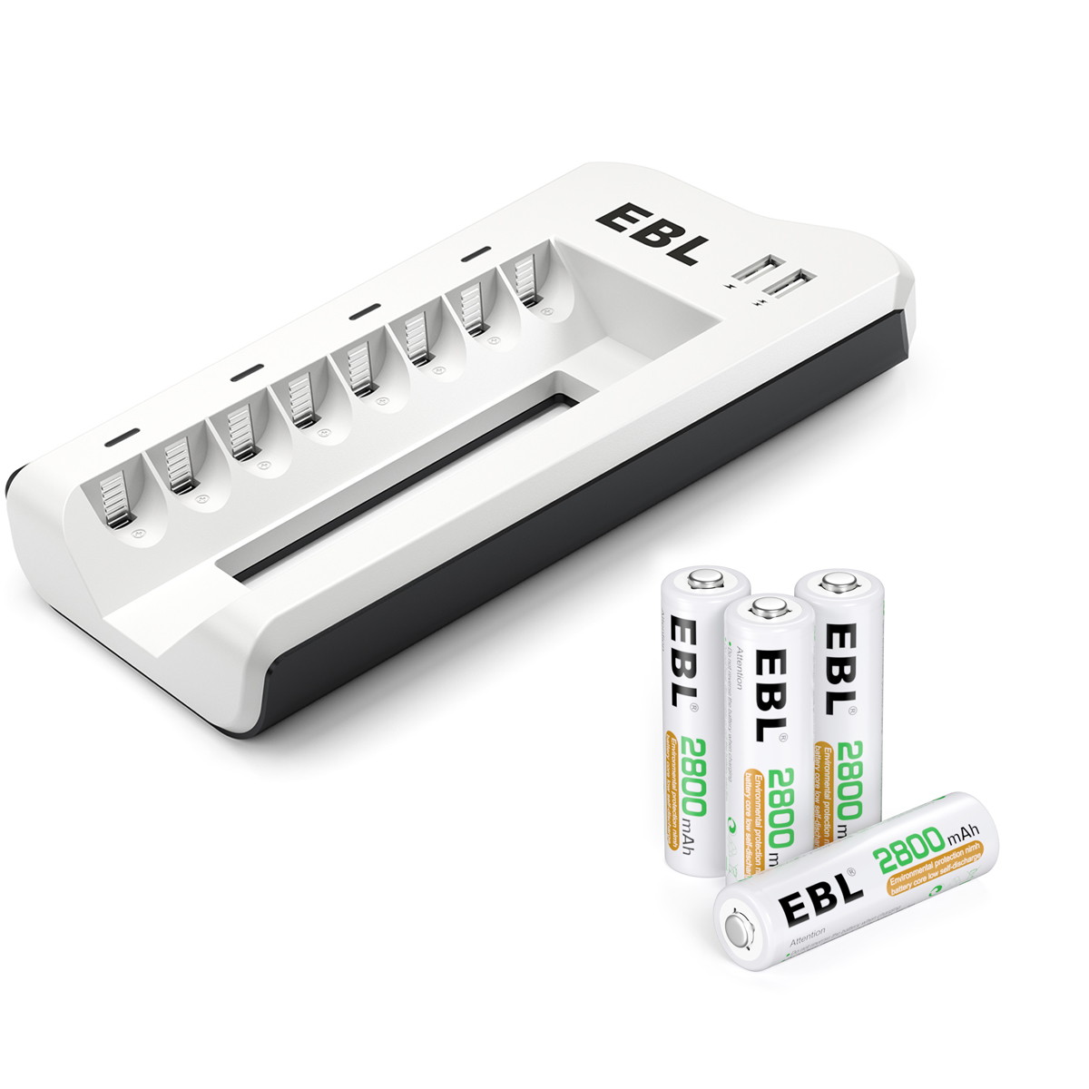 EBL 12 Pack 2800mAh 1.2V AA Rechargeable Battery +  808U Battery Charger for AA/AAA Batteries with Dual USB Charging Ports