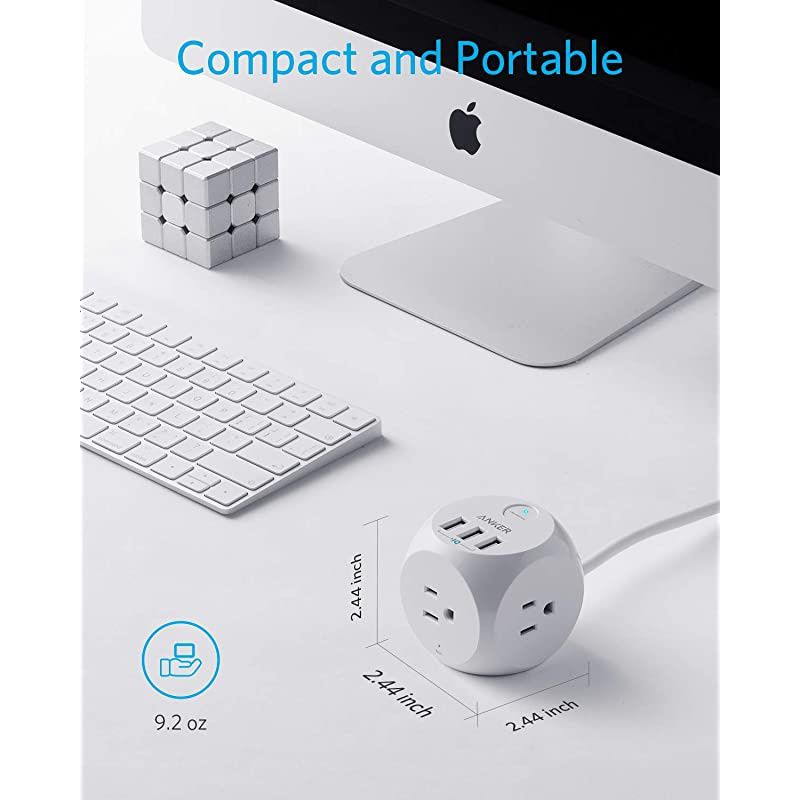 PowerPort Cube USB Power Strip with 3 Outlets and 3 USB Ports Portable Design 5 ft Extension Cord Overload Protection for iPhone XSXR Compact for Travel Cruise Ship and Office