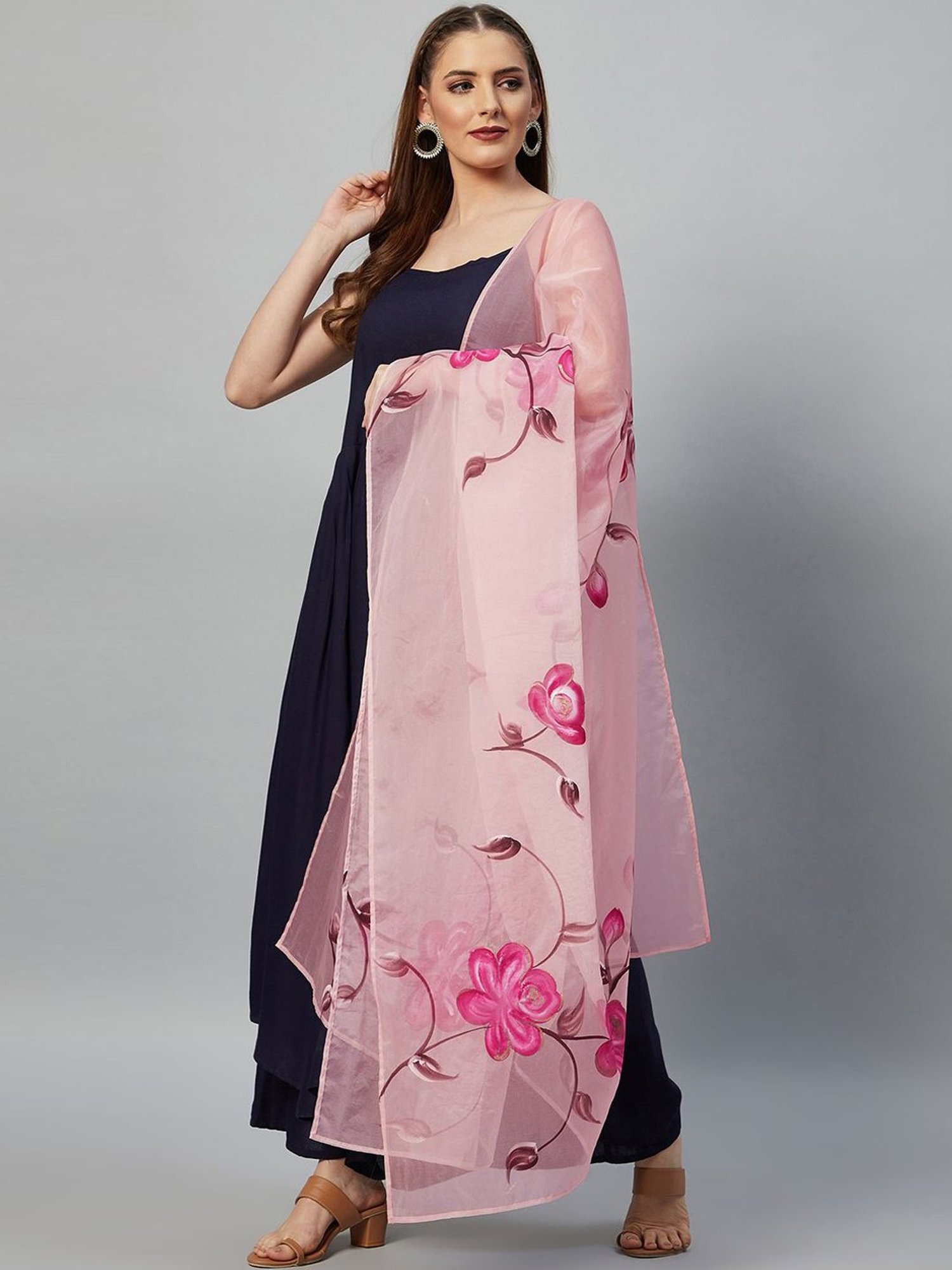 Inweave Pink Floral Print Dupatta