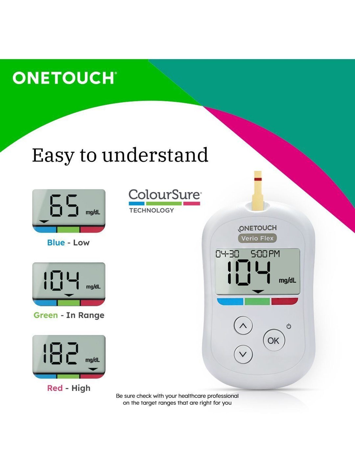 OneTouch Verio Flex glucometer| Syncs with mobile app| 10 Test Strips, 10 Lancets & 1 Lancing device