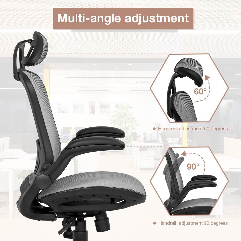 Office Chair Ergonomic Desk Chair Mesh Computer Chair with Lumbar Support Headrest Flip UP Arms Rolling Swivel Adjustable Task Chair for Adults(Grey)