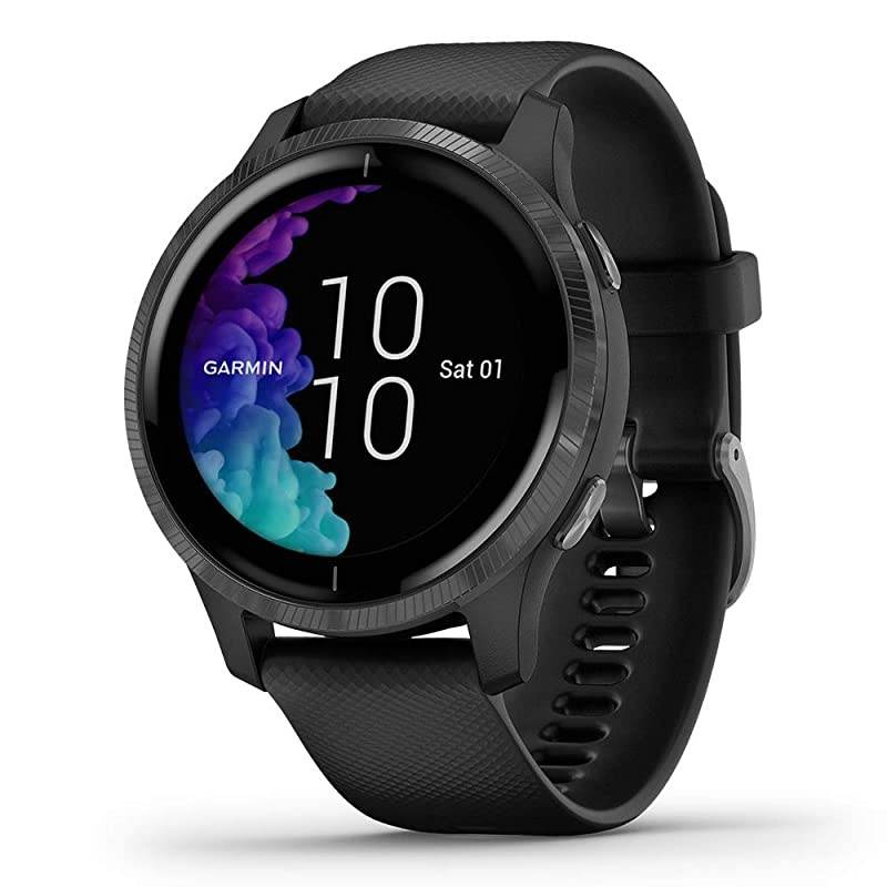 Garmin Venu (Black/Slate) Power Bundle | +HD Screen Protectors (x4) &  Portable Charger | AMOLED Display, Spotify | Fitness GPS Smartwatch