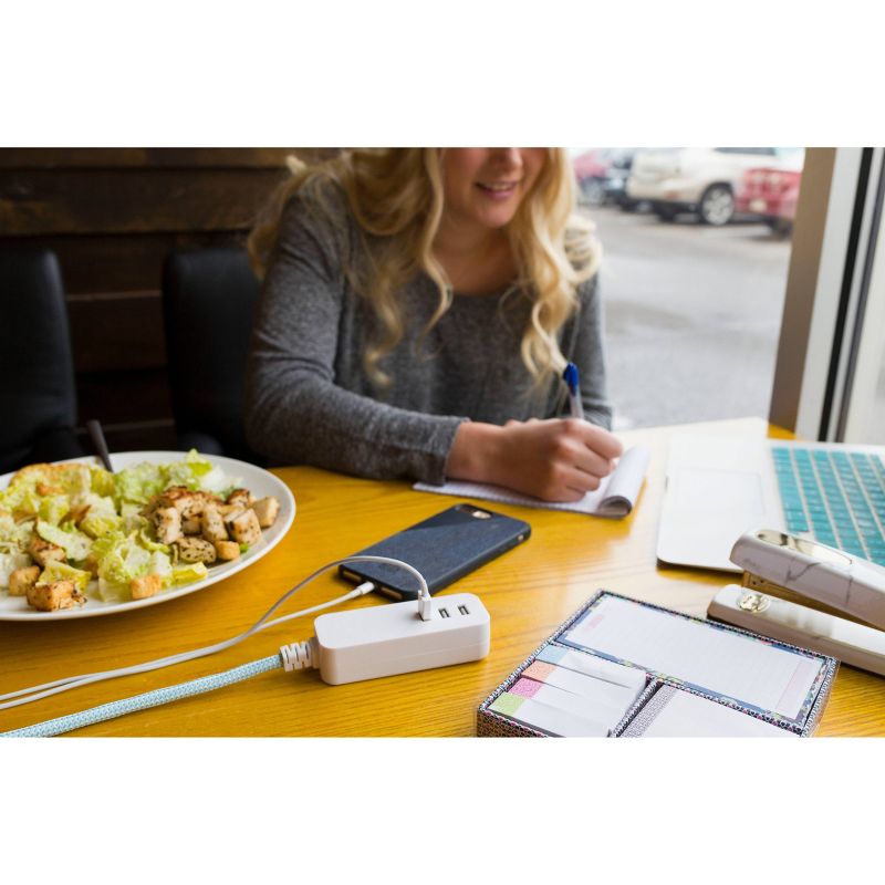 Cordinate USB Extension Cord with Surge 3 Ports 3.4A 10' Braided Cord Mint/White