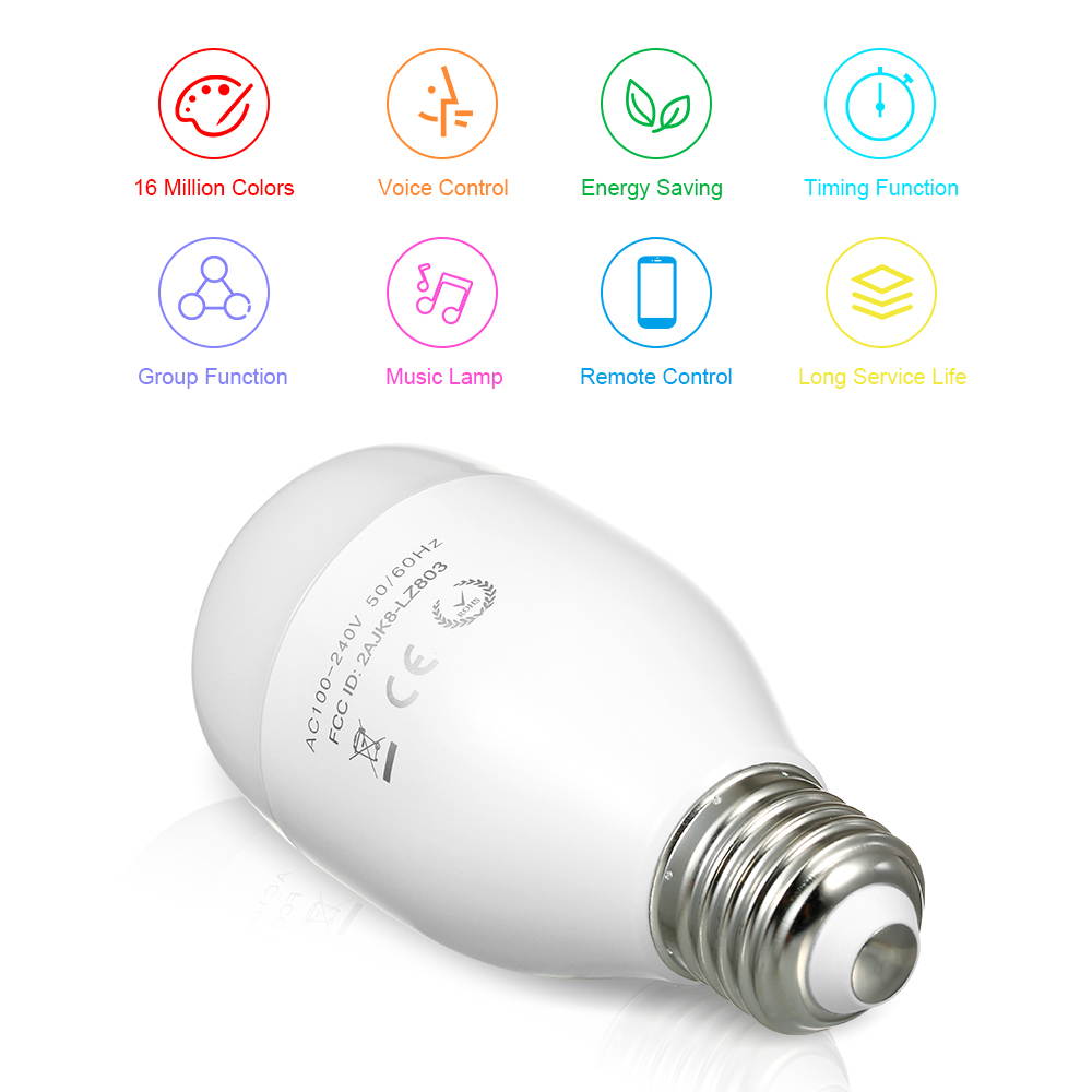 E27 Smart Wi-Fi LED Light Bulb Tunable  White & RGB Color Changing Music Lamp Voice Control APP Control Timing Function No Hub Required, Works with Alexa and Google Assistant