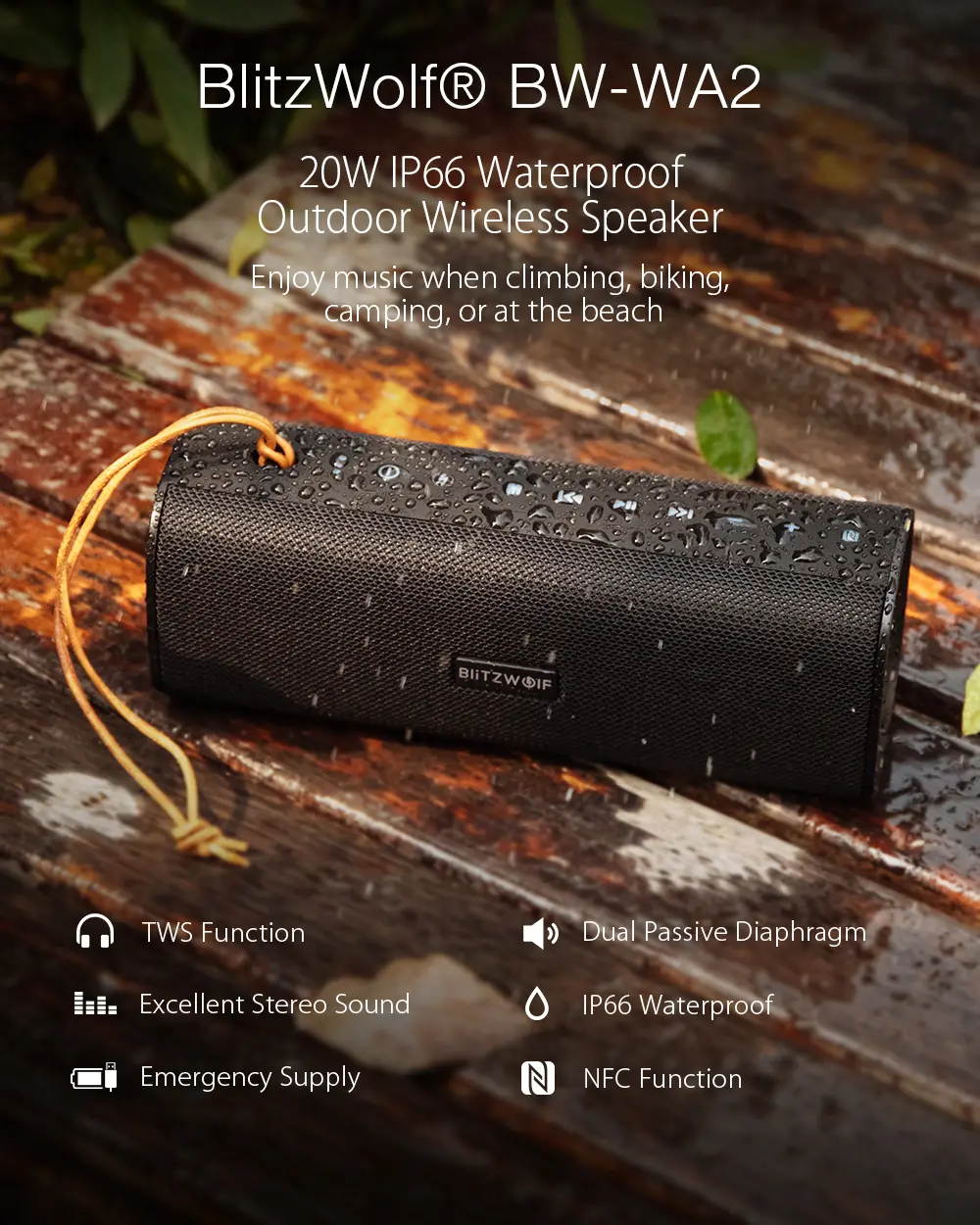 BlitzWolf BW-WA2 20W Wireless bluetooth Speaker Dual Passive Diaphragm TWS NFC Bass Stereo Outdoors Soundbar with Mic - Black