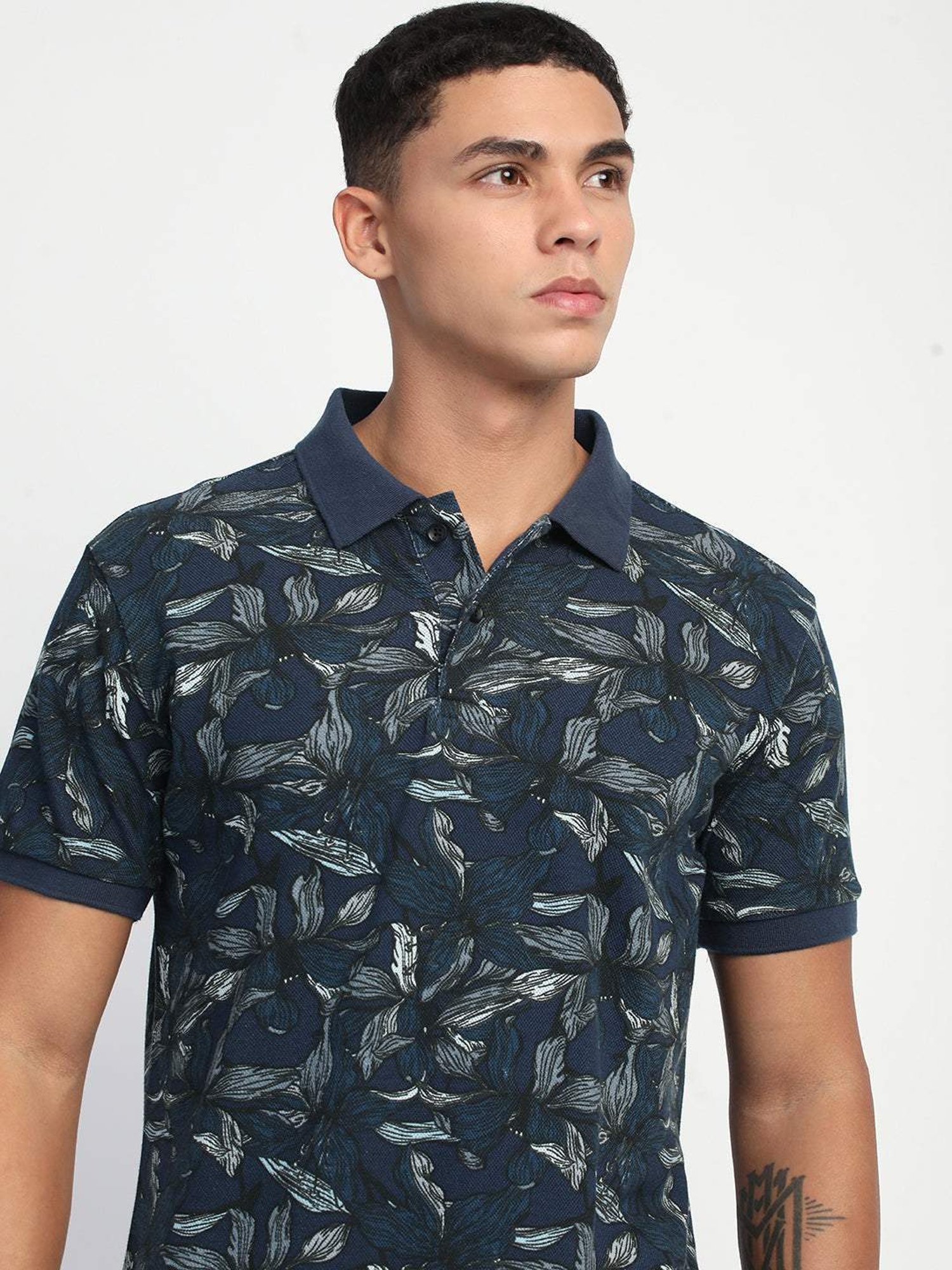 The Bear House Blue Cotton Regular Fit Printed Polo T-Shirt