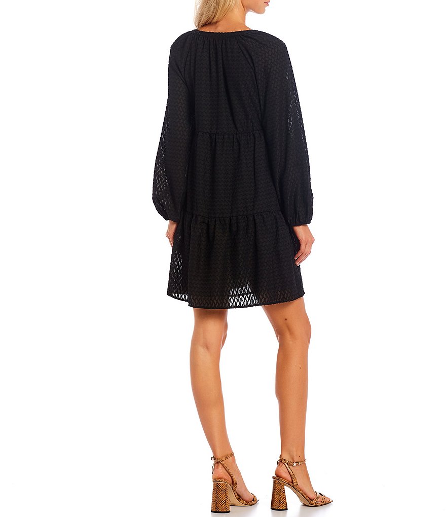 Skies Are Blue Jacquard Woven Notch Neck Long Sleeve Tiered Dress