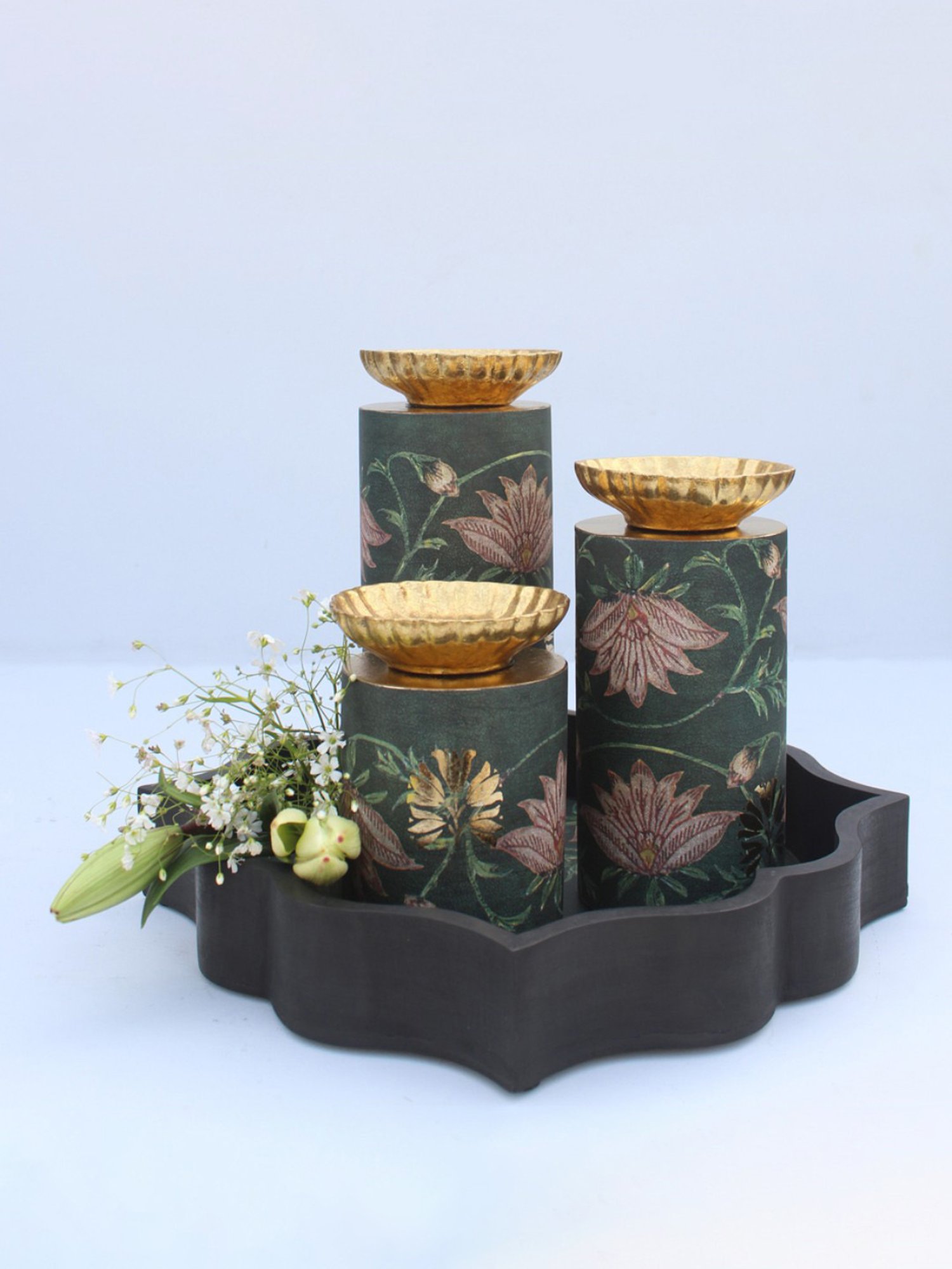 Karo Aafiya Printed Dark Green Wood Medium Pillar Candle Holder