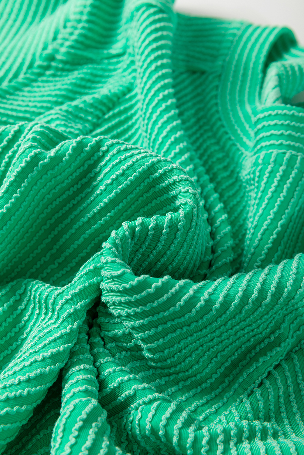 Green Solid Color Quilted Long Sleeve Top and Wide Leg Pants Set